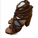 Ash  Excelsior 8 Tan Leather Strappy Sandal 4 In Block Heel Studded Zipper Pull. Photo 1