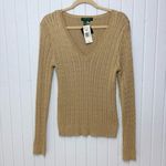 Ralph Lauren Lauren  Gold Metallic Silk Blend V-Neck Cable-knit Sweater Size L Photo 2