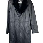 Covington Long Black Leather Jacket Button Front Trench Sz Med Faux Fur Collar Photo 0