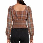 Gianni Bini Brown Plaid Smocked Crop Top Long Puff Sleeve Square Neck Sz 10 New Photo 3
