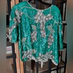 Vintage 80s Sequins Silk Beaded Top Emerald Floral life of a showgirl blouse Silver Size M Photo 5