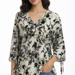 Ellen Tracy Floral V-Neck Blouse Lightweight Tie Sleeve Top Photo 0