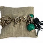 Ann Taylor  Charm Bracelet Gold Tone Chain Rhinestone Green Beads Leather Tassel Photo 4