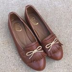 Brown Faux leather penny loafers gold bow fringe tassel preppy academia office siren schoolgirl Size 6 Photo 0