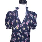 Loft Navy Blue Floral V neck Short Sleeve Blouse Puff Sleeves Photo 1