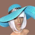 Aqua colored wide brim sun hat with animal print band! Blue Photo 1