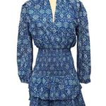 Kourt Sz Small Blue Paisley Print Luke Dress Tiered Mini Skirt Smock Waist/Neck Photo 0