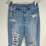 American Eagle  Sz 8 LONG Curvy Hi Rise Jeggings Light Wash Distressed Photo 4