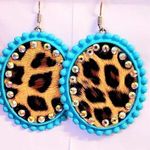 Turquoise Oval Earrings with Leopard Print Inlay Blue Photo 0