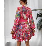 Boho Ladies Dress with Belt Paisley Pattern Lantern Sleeve Ruffle Photo 2