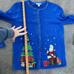 Vintage Blue Light Weight Christmas Cardigan Sweater Santa Presents Tree SMALL Photo 6