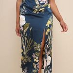 Lulus NWOT Large Remarkable Entrance Navy Blue Floral Print Satin Midi Dress Photo 0