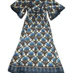 Farm Rio Anthro Women’s Cocopalm Flutter Sleeve Beige Blue Print Maxi Dress XS Photo 1