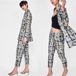 ZARA Jacquard Checkered Floral Print Pants NEW Photo 1
