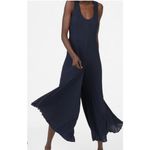 Club Monaco Jumpsuit 4 Navy Pleated Wide Leg Chic Glam Evening, Luxury Satiny Photo 3