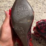 Tory Burch Tory‎ Burch Floral Satin Elmira Wedge Heels Red Navy Flower Embellished Size 7M Photo 6