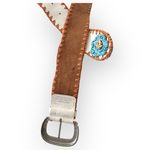 Vintage White Brown Genuine Leather Floral Whipstitch Belt Flowers Applique 90’s Photo 5