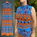 Vintage 70s Blue & Orange Mock Neck Maxi Dress Multiple Size L Photo 1
