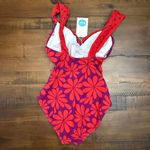 Boden Floral Print One Piece Swimsuit Ruched Twist Front Red & Purple US 2 Photo 3