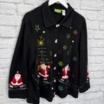Vintage Onque Woman Christmas Cardigan Sweater Size 2X Black Santa Tree Snowman Photo 2