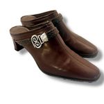 Brighton Tapa Brown Leather Weave Strap Buckle Mules Croc Heel Pumps Size US 7.5 Photo 0
