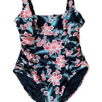 Old Navy black floral ruched square neck one piece swimsuit medium Photo 0
