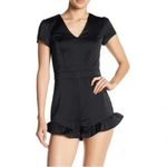 Bebe Ruffle Hem V-Neck Short Sleeve Stretch Satin Romper Jet Black Size 4 Photo 4