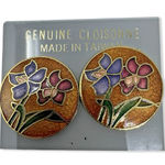 Vintage Cloisonné Clip On Earrings Orchid Floral Round Gold Tone 1” Taiwan Photo 0