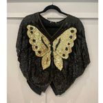 Scala VTG Madame Butterfly Black & Gold Hand Sewn Beaded 100% Silk Top Photo 0