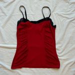 Cache Red & black corset style ruched cami top with black floral lace detailing Photo 1