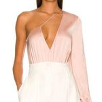NBD Blush Pink Satin Bodysuit Top SMALL Balloon Sleeve Asymmetrical Greer NEW Photo 0