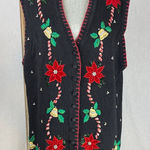 VTG Victoria Jones Christmas Sweater Vest L Black Poinsettia Candy Cane Beaded Size L Photo 0