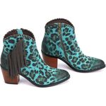 Western Cowgirl Ankle Boots Size 6 Turquoise Leopard Cattle Leather Fringe Blue Photo 2