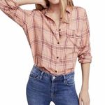 Free People  Shirt Womens Small Peach 100% Linen No Limits Plaid Button Down Top Photo 9