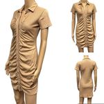 Lyaner Tan Ruched Bodycon Ribbed V Neck Button Front Short Sleeve Mini Dress M Size M Photo 1