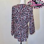 Terra & Sky  black floral pleated tied waist long sleeve button down blouse Photo 3