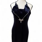 y2k vintage Navy Blue Velvet Rhinestone Bow Formal Prom Maxi Dress‎ M/L Size L Photo 4
