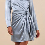 Lulus NWOT  Women's M Painterly Perfection Slate Blue Satin Wrap Mini Dress Party Photo 0