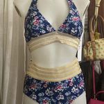 Nicole Miller  Navy Floral Metallic Shimmer High Waisted Bikini Swimsuit Medium Photo 4