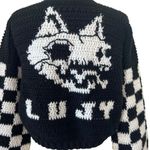 Handmade Hand Crochet Chunky Knit Checkered Sleeve Crop Cat Cardigan Photo 5