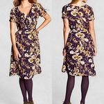 Lands' End Purple Gold Floral Ruffle V-neck Knee Length Dress Women's 4P Photo 1