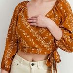 BCBG Paris Cropped 3/4 Puff Sleeves V Neck Fall Floral Wrap Shirt Top Blouse XL Gold Photo 0