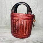 Vintage Straw woven reed basket purse with toggle closure purse bag tropcial Red Photo 0