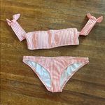 J.Crew  Striped Bikini Set Off Shoulder‎ Swimsuit Beach Cute Pink White Photo 1