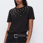 ZARA  black cotton pearls top tee shirt short sleeve women’s Large Photo 9