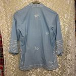 Vintage Blue Button Down Shirt with White butterfly Embroidery small euc Photo 9