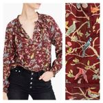 J. Crew Point Sur Ruffle Neck Popover Top Blouse Menagerie Bird Print Small Brown Photo 1