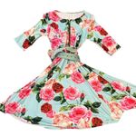 FLORAL DRESS small belted zip back blue circle skirt stretchy pockets. Photo 1