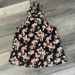 SheIn Floral Sleeveless Blouse Pink Flowers Black Medium Keyhole Back Tie Photo 3