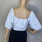 Love & Piece Strawberry Printed 5/8 Sleeve Waist Tie Crop Top White Pink Large Photo 6